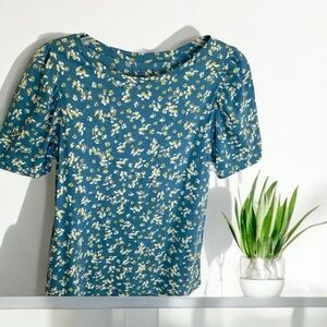 LOFT Blue 100% Cotton Floral Tee. S